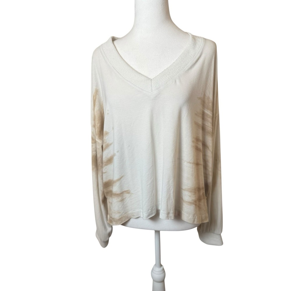 POL Womens Long Sleeve Tie Dye White Brown Long Sleeve Top Medium V-Neck Slouchy